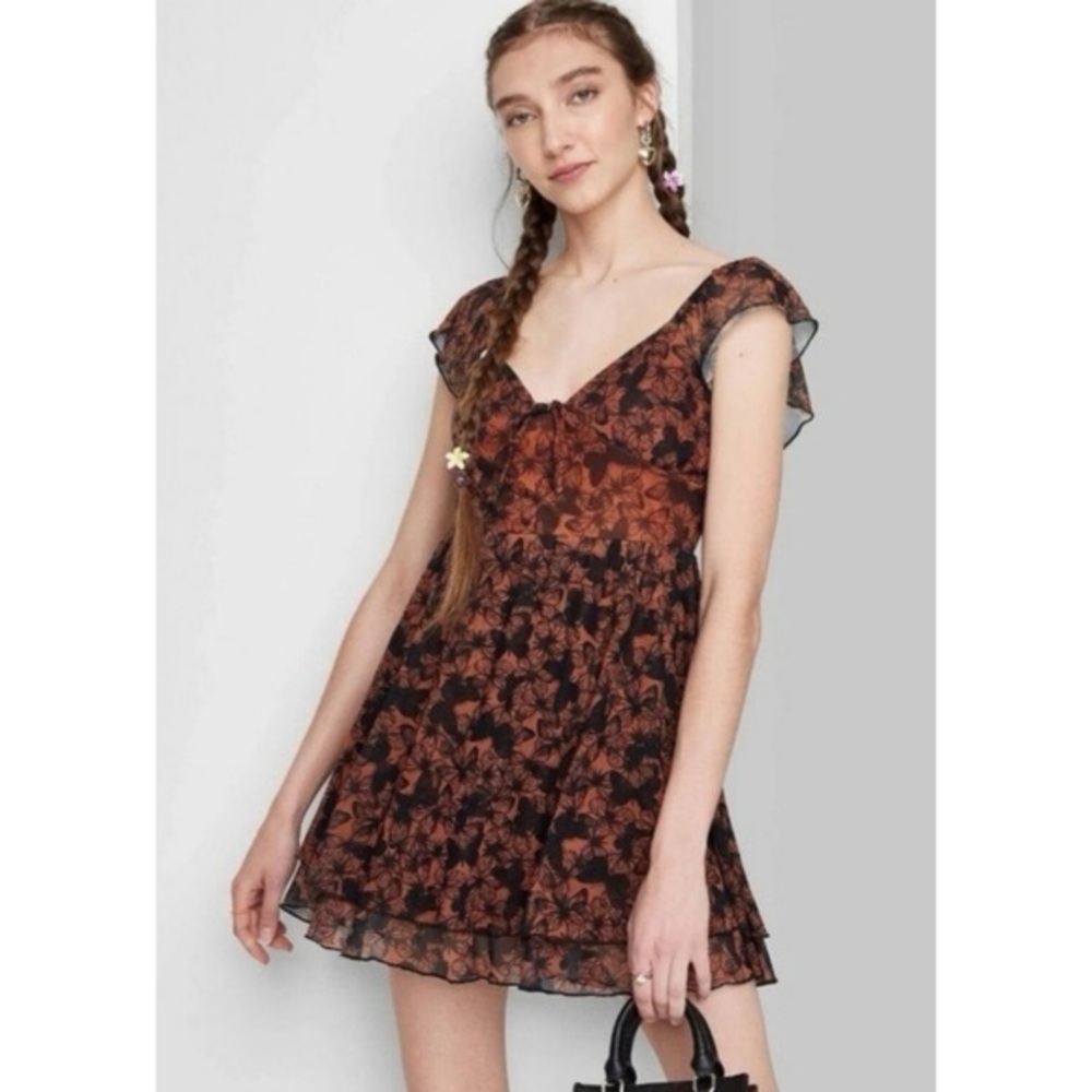 Black and Orange Butterfly Floral Mini Dress Autumnal